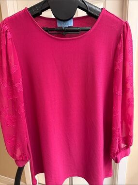 CeCe Hot Pink Floral-Sheer Sleeve Blouse